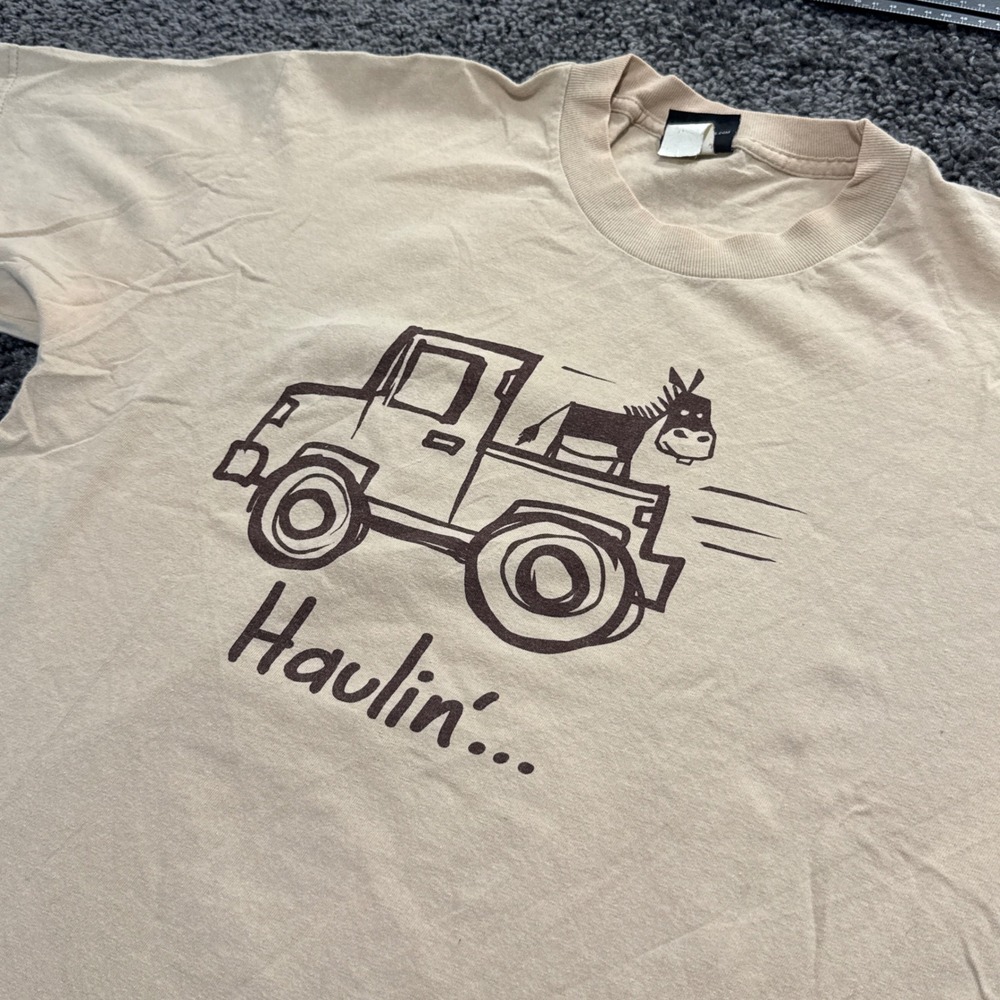 Vintage Hybrid Tees Haulin Graphic T-Shirt Mens Tan Excellent Truck Donkey 22x27